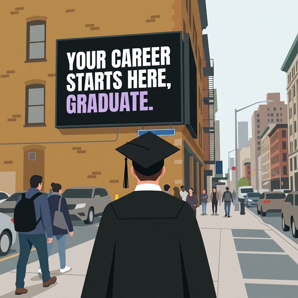 A graduate in a cap and gown looks up at a city billboard reading "Your career starts here, Graduate."